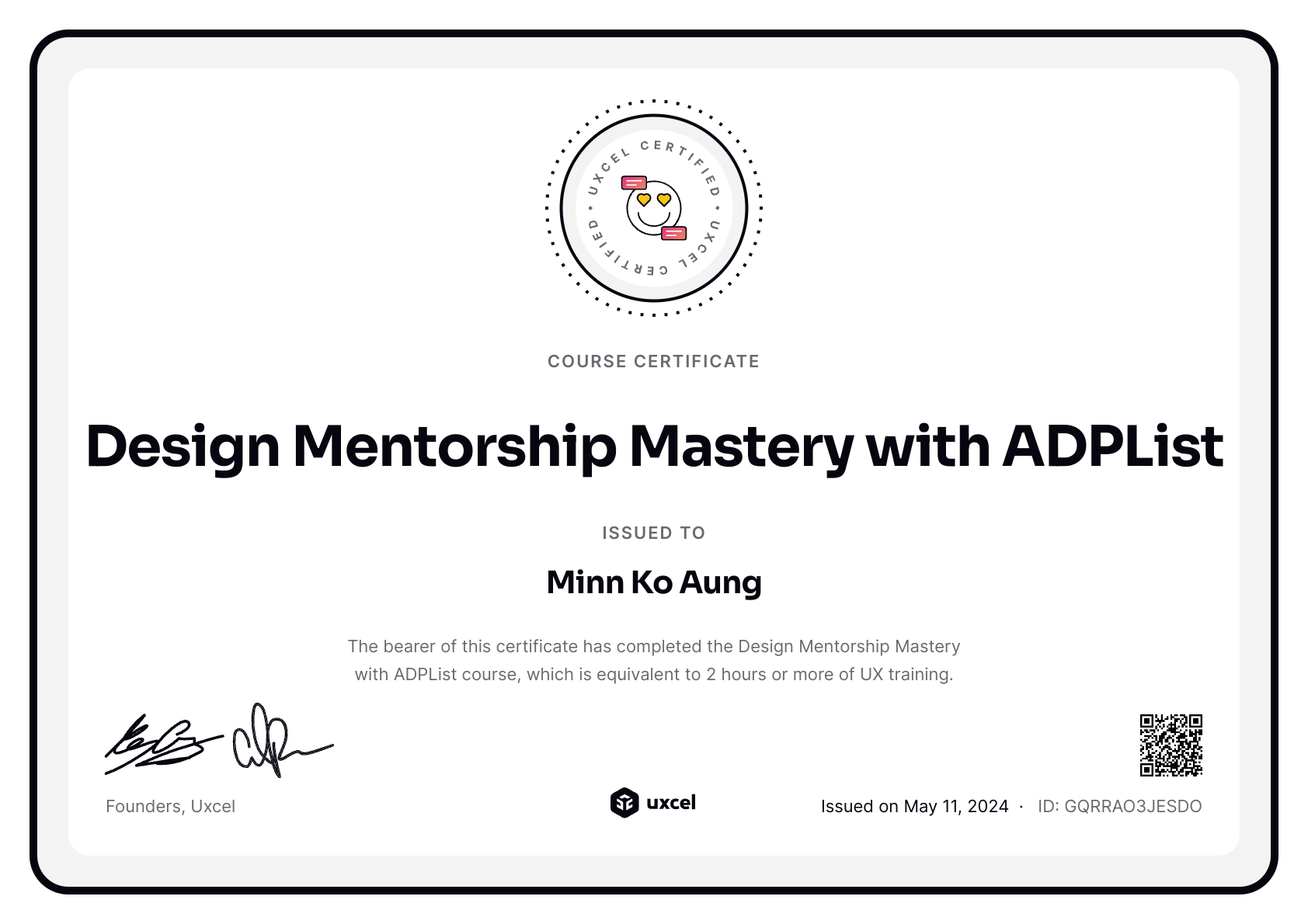 Minn Ko Aung's certificate